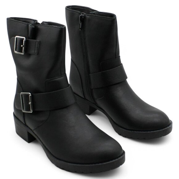 Style Company Womens Black Double Strap Motorcycle Buckle Accent Comfort Gianara - Picture 1 of 8